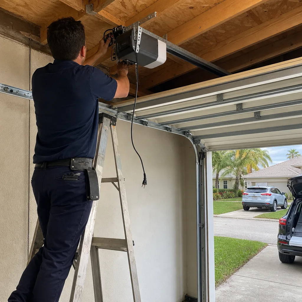 Technician performing professional garage door opener repair and installation