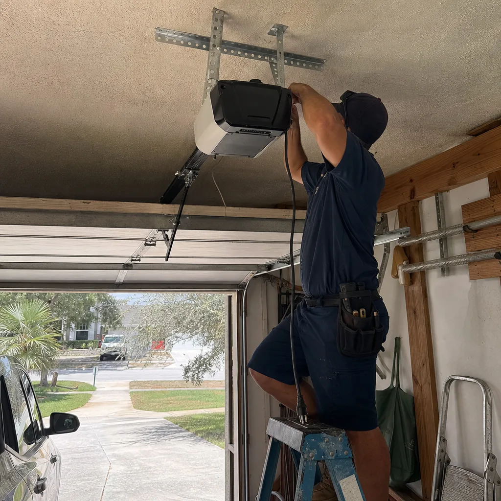 Technician performing professional garage door opener installation and repair