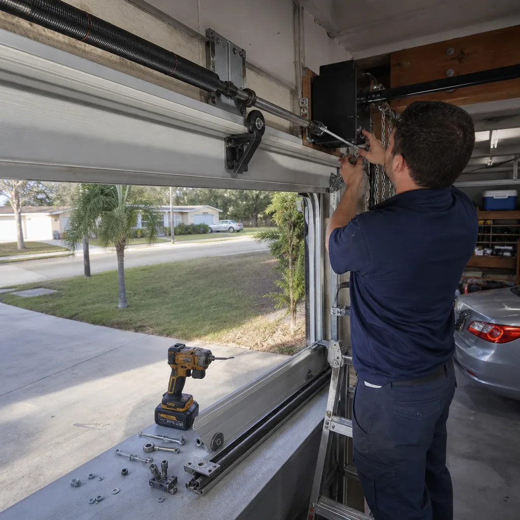 Technician performing professional garage door opener installation and repair services.