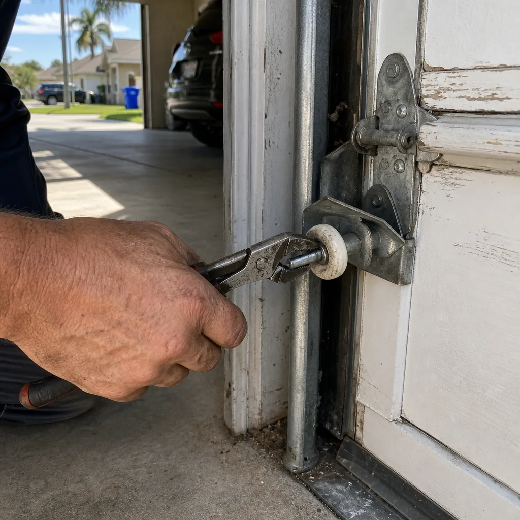 Technician using pliers to repair a garage door roller mechanism