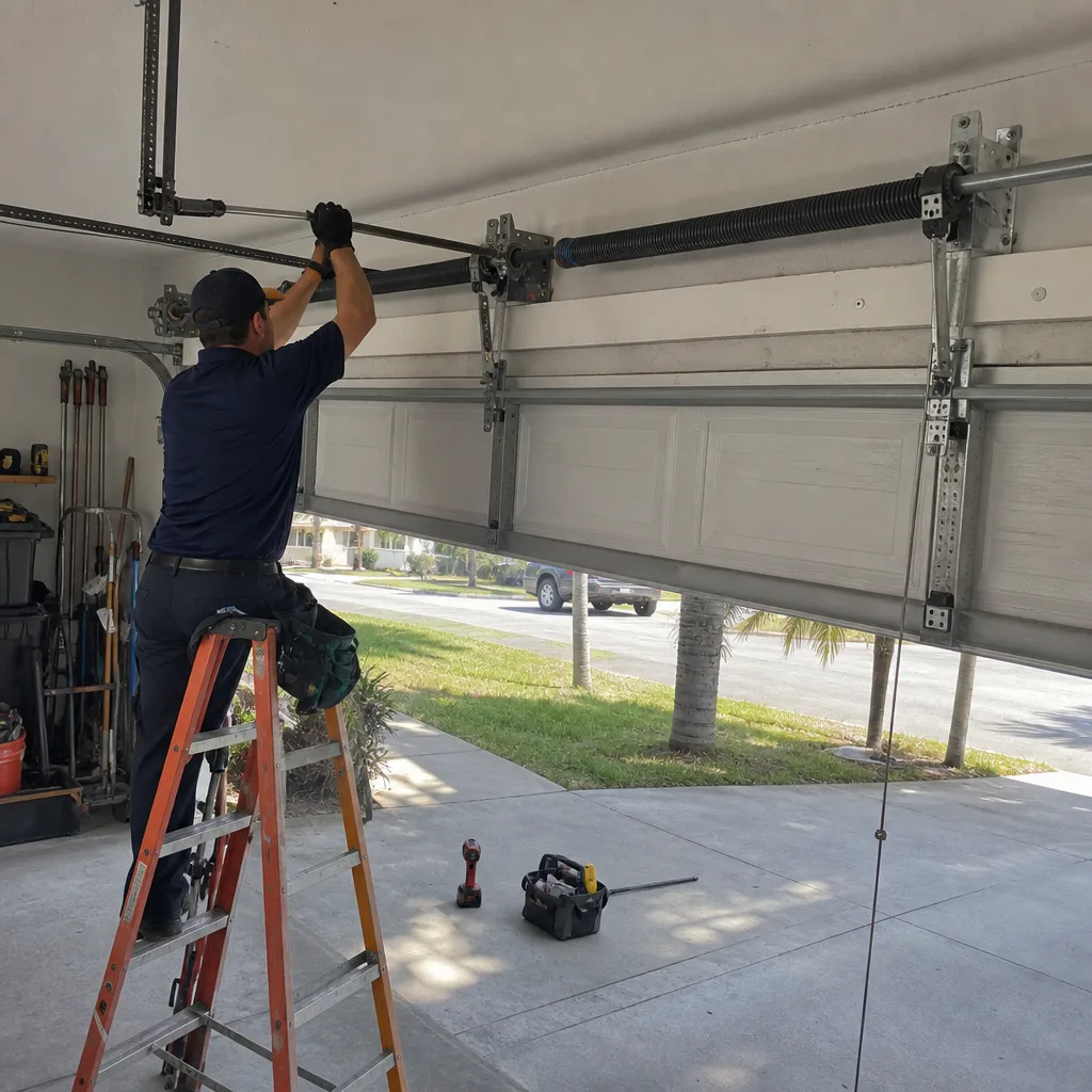 Technician performing professional residential garage door spring repair and maintenance