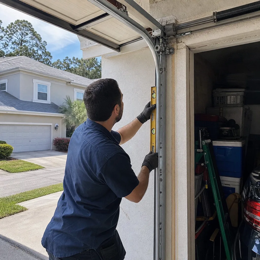 Technician using a level to repair a residential garage door track